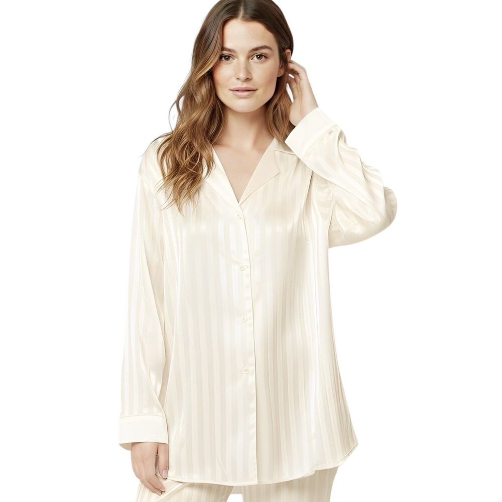 Vintage 80's Dentelle Women's Button Down Pajama Top Small Satin Striped Cream